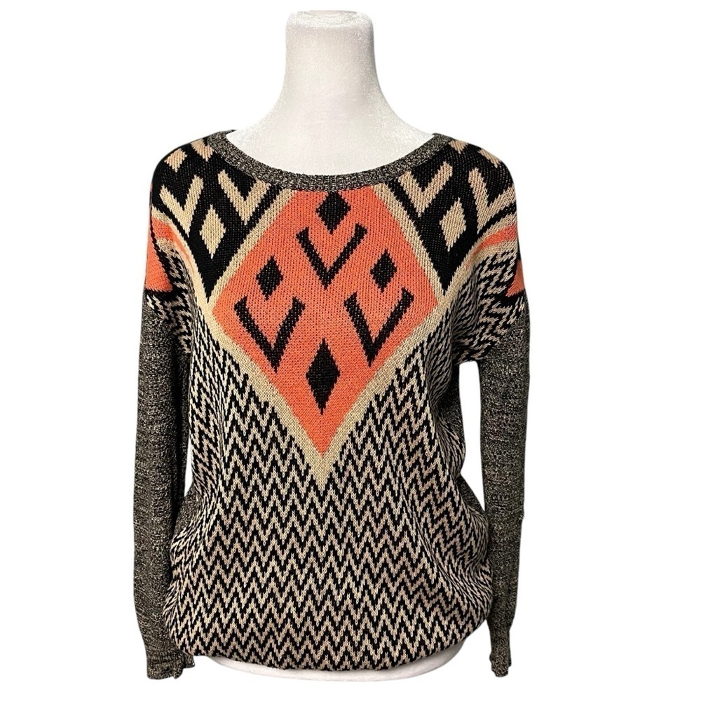 Ecote Intarsia Aztec Pattern Black Coral Sweater Size Small